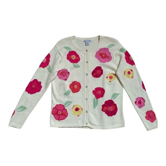 Vintage Eagle's Eye Cardigan Women's LG Pink Embroidered Flowers Knit Sweater - Picture 2 of 15